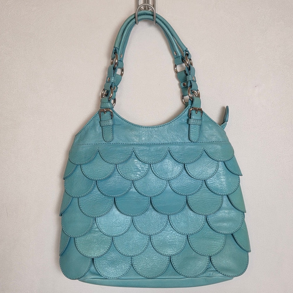 Cynthia Rowley Teal Blue Leather Scalloped Mermaid Scale Hobo Shoulder Bag